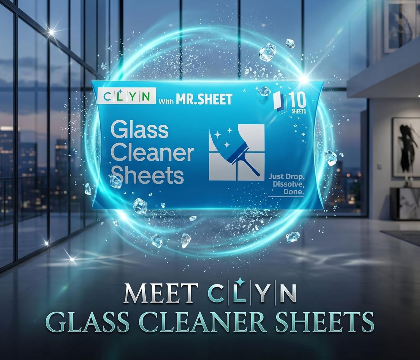 CLYN with MR.SHEET Glass Cleaner Sheets | 10 Streak-Free Strips