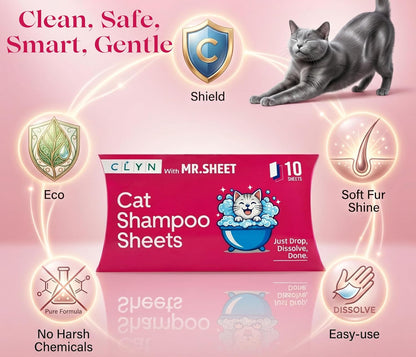 CLYN with MR.SHEET Cat Shampoo Sheets | 10 Plant-Based Bath Sheets