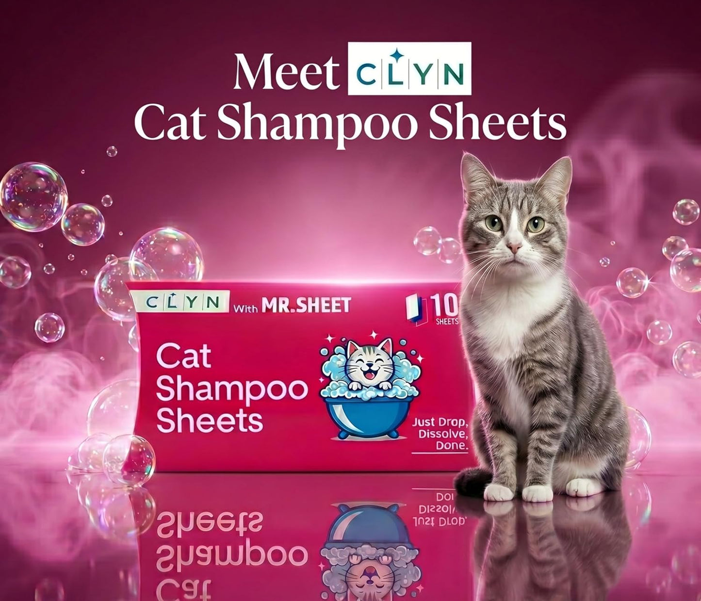 CLYN with MR.SHEET Cat Shampoo Sheets | 10 Plant-Based Bath Sheets