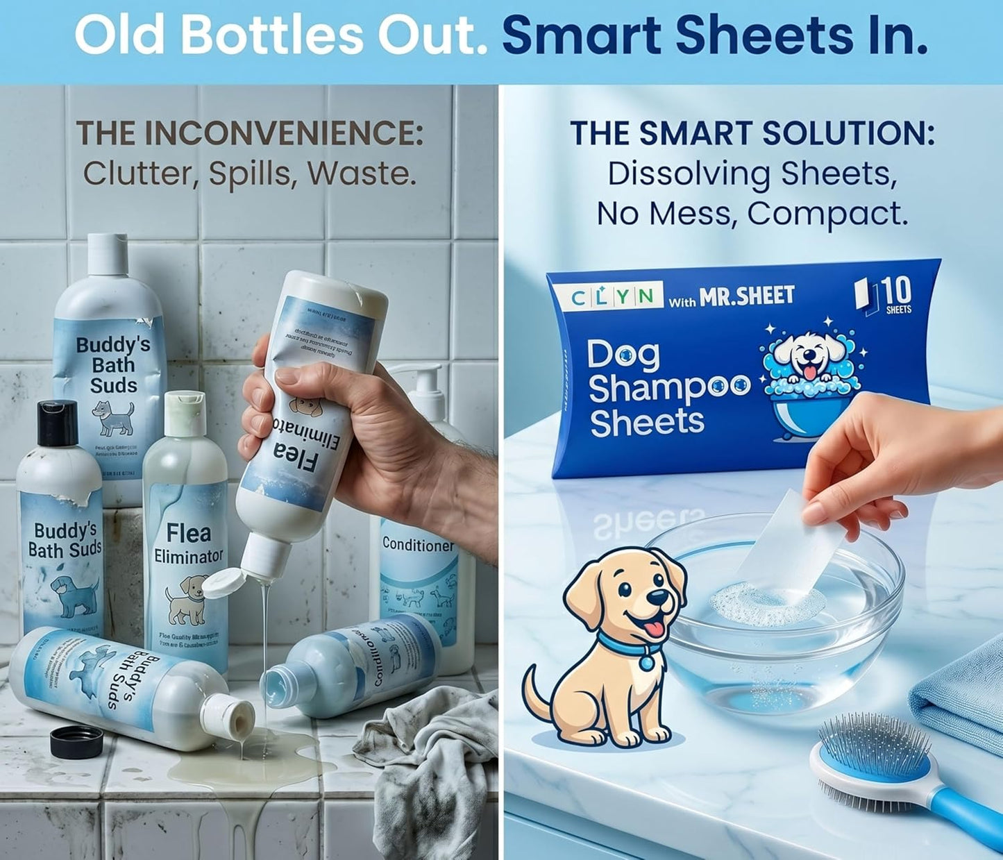 CLYN with MR.SHEET Dog Shampoo Sheets | 10 Plant-Based Bath Sheets