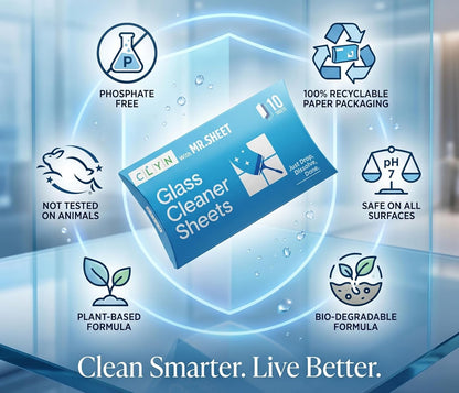 CLYN with MR.SHEET Glass Cleaner Sheets | 10 Streak-Free Strips