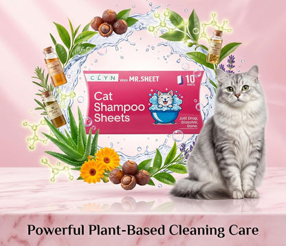 CLYN with MR.SHEET Cat Shampoo Sheets | 10 Plant-Based Bath Sheets