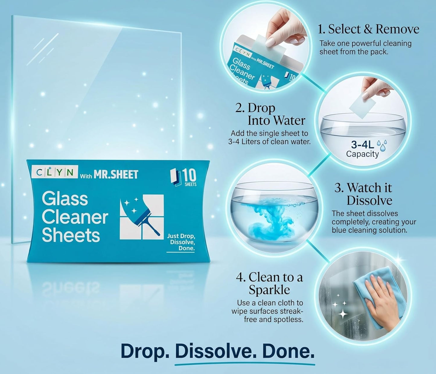 CLYN with MR.SHEET Glass Cleaner Sheets | 10 Streak-Free Strips