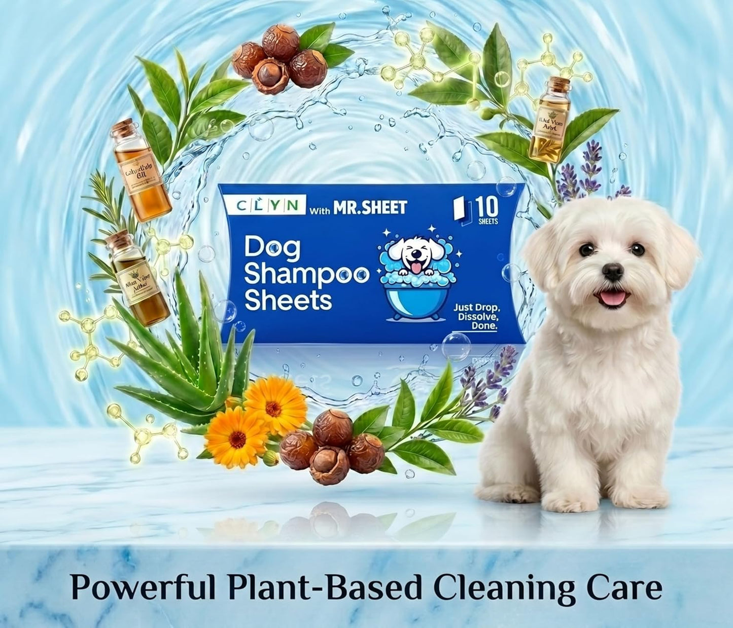 CLYN with MR.SHEET Dog Shampoo Sheets | 10 Plant-Based Bath Sheets