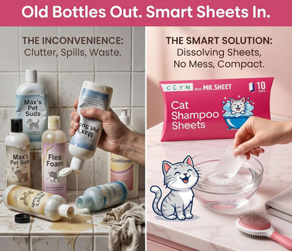 CLYN with MR.SHEET Cat Shampoo Sheets | 10 Plant-Based Bath Sheets